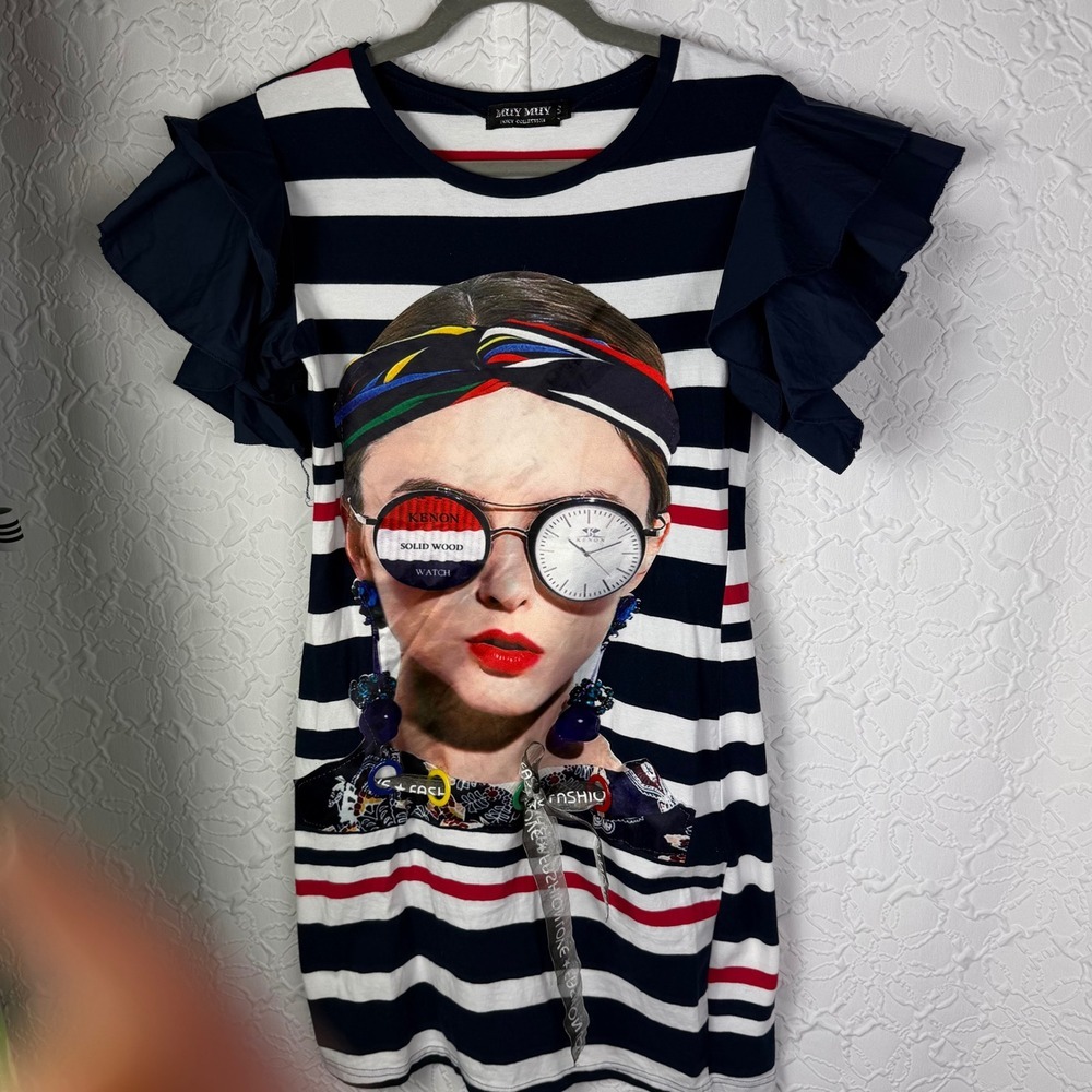 MUY MUY Fancy Collection Women's Striped Graphic T Shirt Dress Ruffle Sleeve - Picture 4 of 7